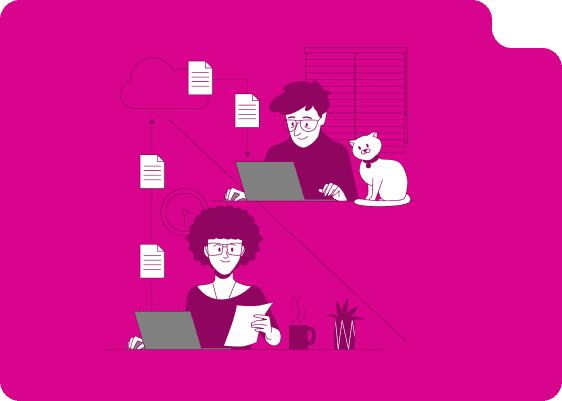 Two remote reps working at laptops with documents floating around them
